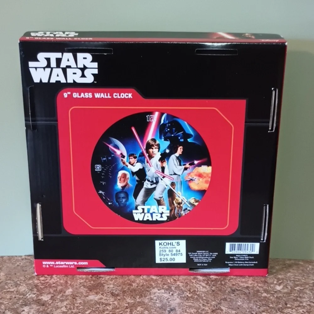 Star Wars New Hope Glass Clock NEW! Leia Luke Han Vader C3PO R2D2 Sealed in Box!